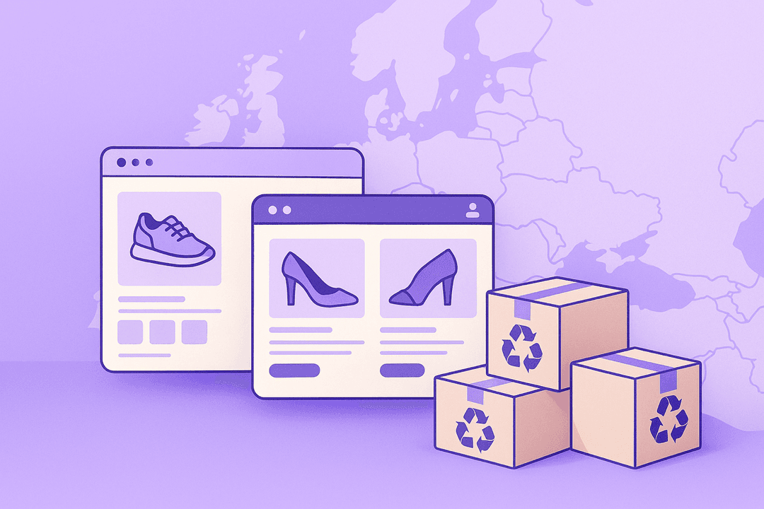 E-commerce products with sustainable packaging and recycling symbols