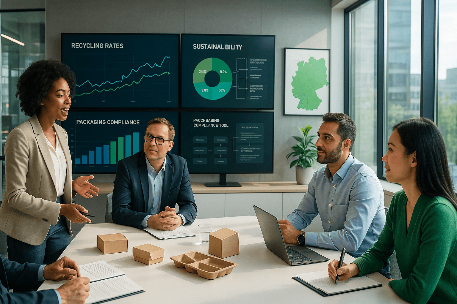 A bustling modern office environment showcasing a diverse team of professionals engaged in a strategic meeting.